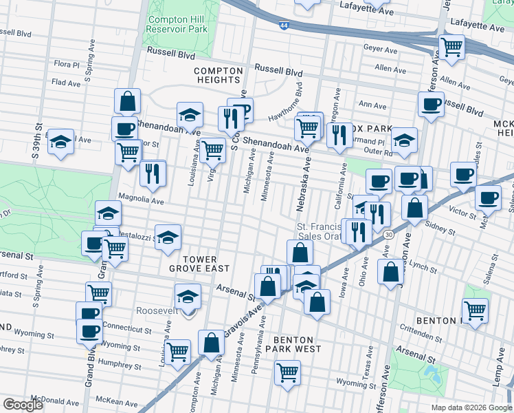 map of restaurants, bars, coffee shops, grocery stores, and more near 2651 Minnesota Avenue in St. Louis