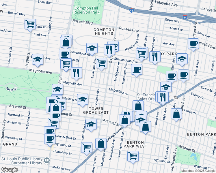 map of restaurants, bars, coffee shops, grocery stores, and more near 3141 Magnolia Avenue in St. Louis