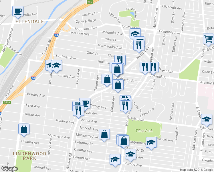 map of restaurants, bars, coffee shops, grocery stores, and more near 3179 Watson Road in St. Louis