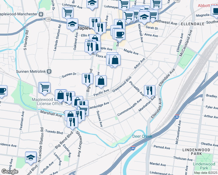 map of restaurants, bars, coffee shops, grocery stores, and more near 3235 Sutton Boulevard in Maplewood