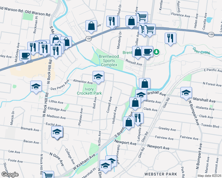 map of restaurants, bars, coffee shops, grocery stores, and more near 910 North Elm Avenue in Webster Groves