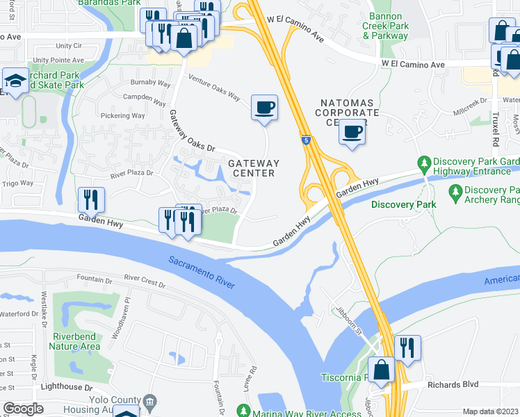 map of restaurants, bars, coffee shops, grocery stores, and more near 2151 River Plaza Drive in Sacramento