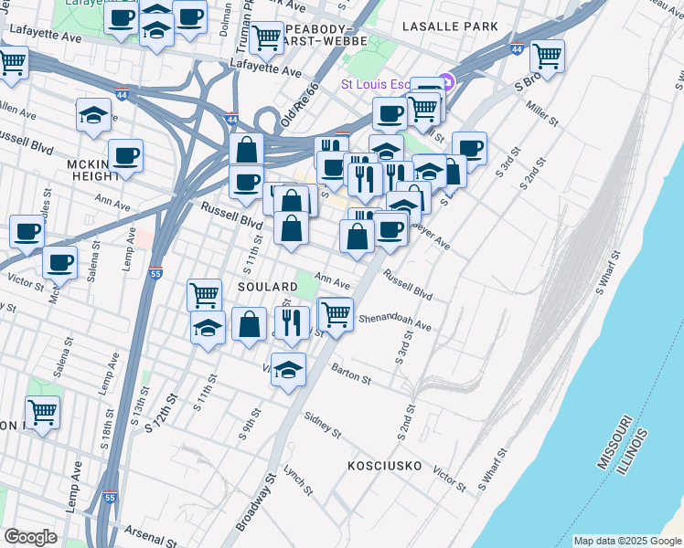 map of restaurants, bars, coffee shops, grocery stores, and more near 815 Ann Avenue in St. Louis