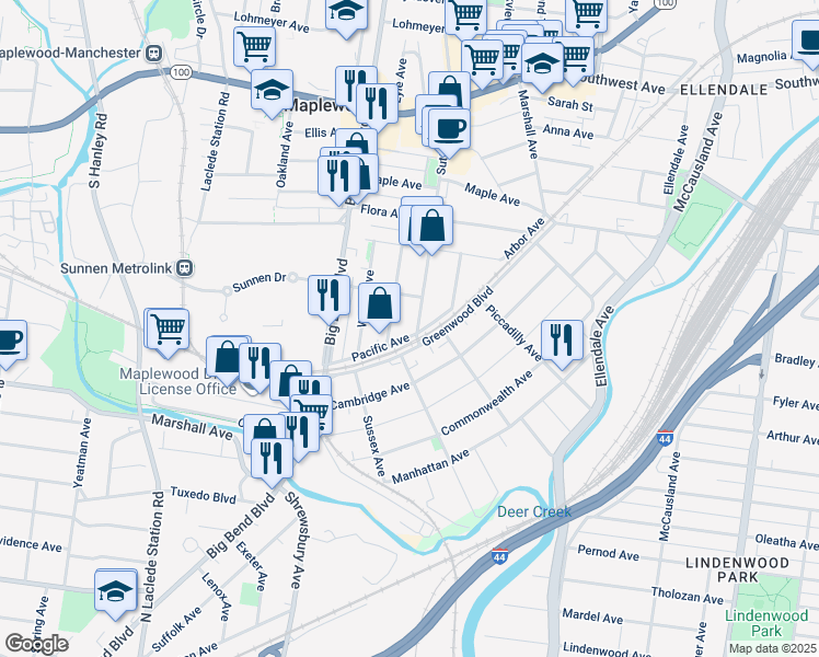 map of restaurants, bars, coffee shops, grocery stores, and more near 3235 Sutton Boulevard in Maplewood