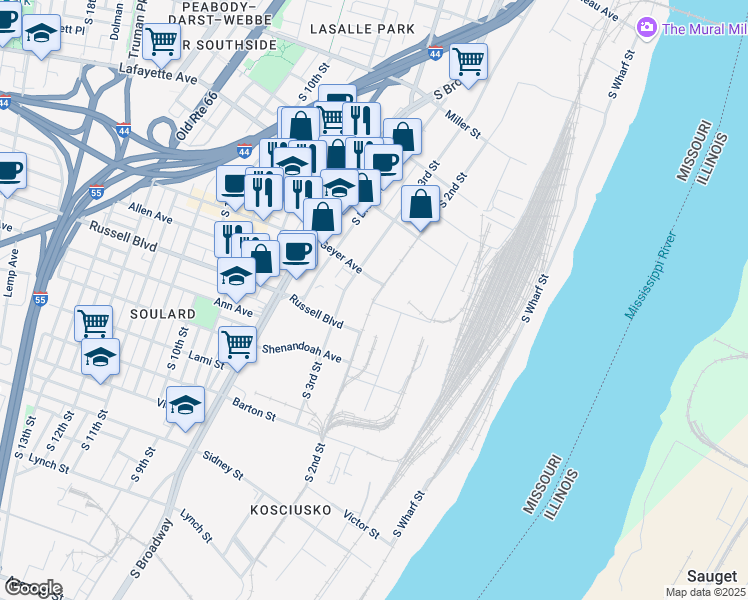 map of restaurants, bars, coffee shops, grocery stores, and more near 1992 South 2nd Street in St. Louis