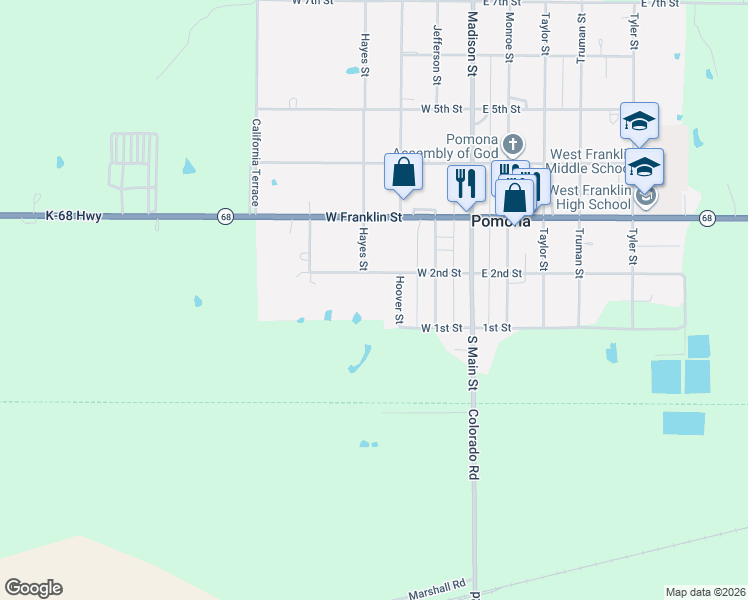 map of restaurants, bars, coffee shops, grocery stores, and more near 310 West 2nd Street in Pomona