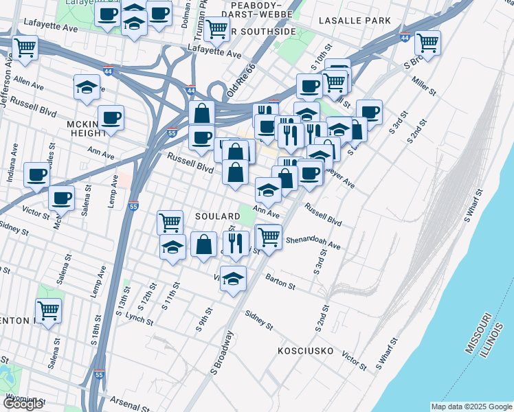 map of restaurants, bars, coffee shops, grocery stores, and more near 901 Ann Avenue in St. Louis