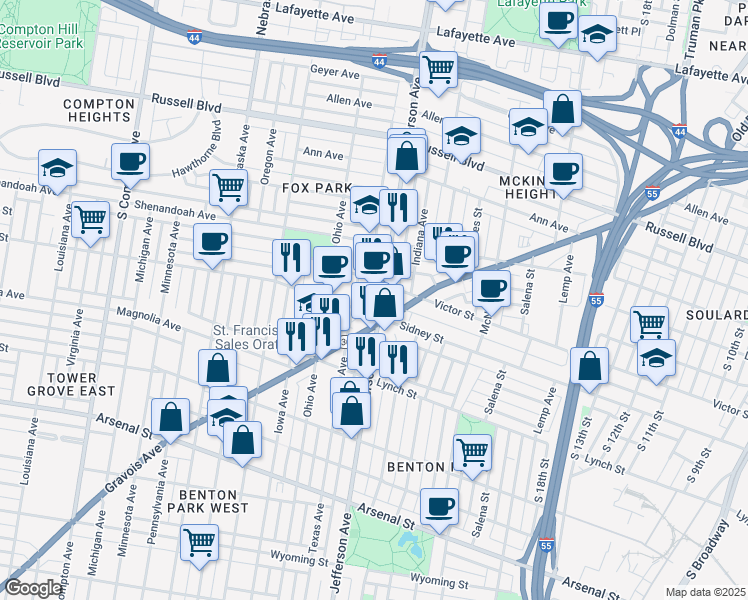 map of restaurants, bars, coffee shops, grocery stores, and more near 2519 South Jefferson Avenue in St. Louis