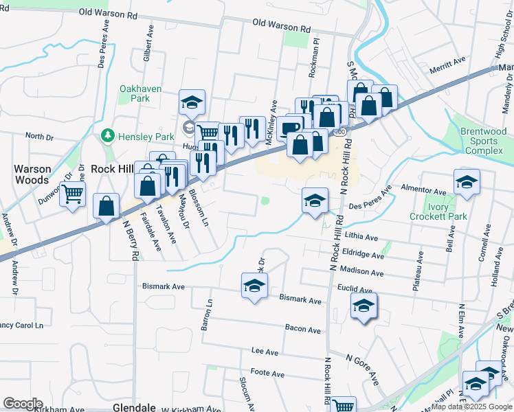 map of restaurants, bars, coffee shops, grocery stores, and more near 9700 Mueck Terrace in St. Louis