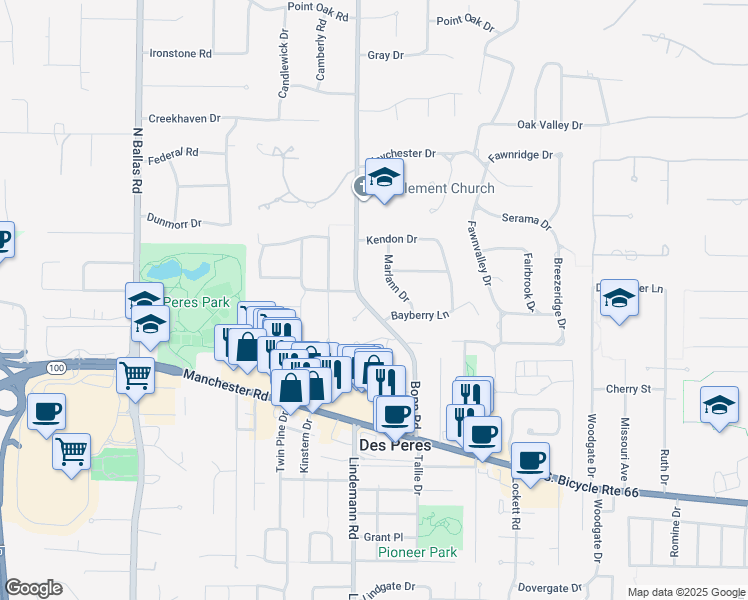 map of restaurants, bars, coffee shops, grocery stores, and more near 1316 Bopp Road in Des Peres