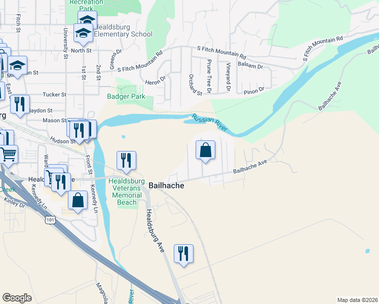 map of restaurants, bars, coffee shops, grocery stores, and more near 201 Bailhache Avenue in Healdsburg