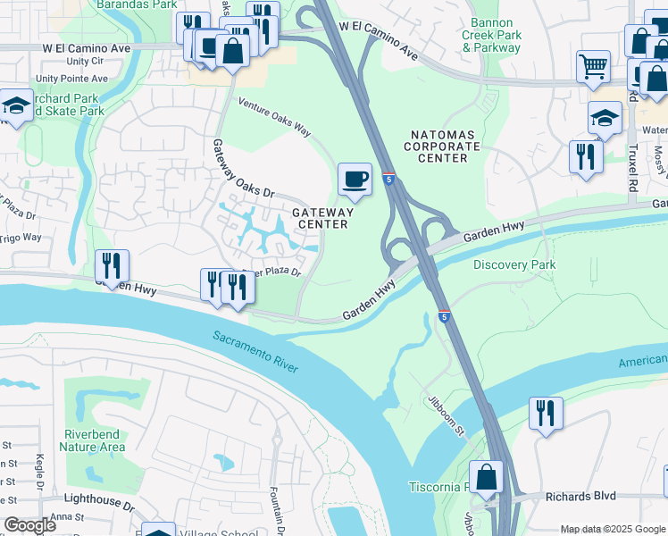 map of restaurants, bars, coffee shops, grocery stores, and more near 2151 River Plaza Drive in Sacramento