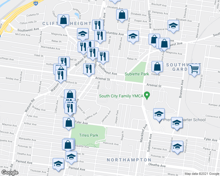 map of restaurants, bars, coffee shops, grocery stores, and more near 3134 Park Hampton Court in St. Louis
