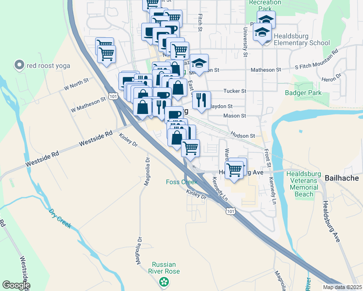 map of restaurants, bars, coffee shops, grocery stores, and more near 118 Healdsburg Avenue in Healdsburg
