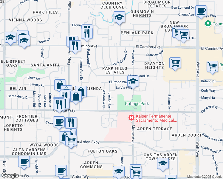 map of restaurants, bars, coffee shops, grocery stores, and more near 2220 Landon Lane in Sacramento
