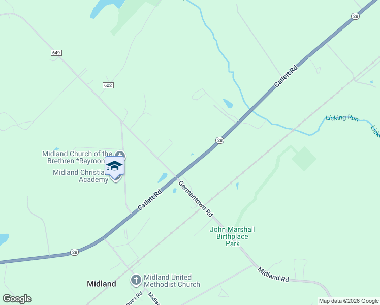 map of restaurants, bars, coffee shops, grocery stores, and more near 5198 Catlett Road in Midland