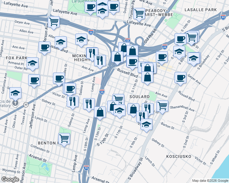 map of restaurants, bars, coffee shops, grocery stores, and more near 2311 South 13th Street in Saint Louis