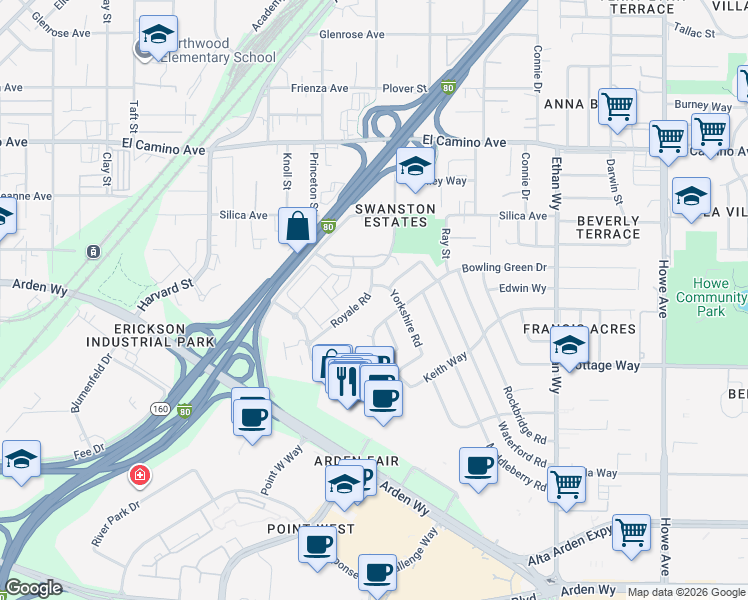 map of restaurants, bars, coffee shops, grocery stores, and more near 2240 Royale Road in Sacramento