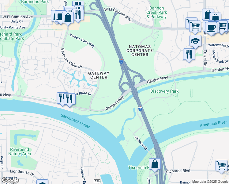 map of restaurants, bars, coffee shops, grocery stores, and more near 2101 River Plaza Dr in Sacramento