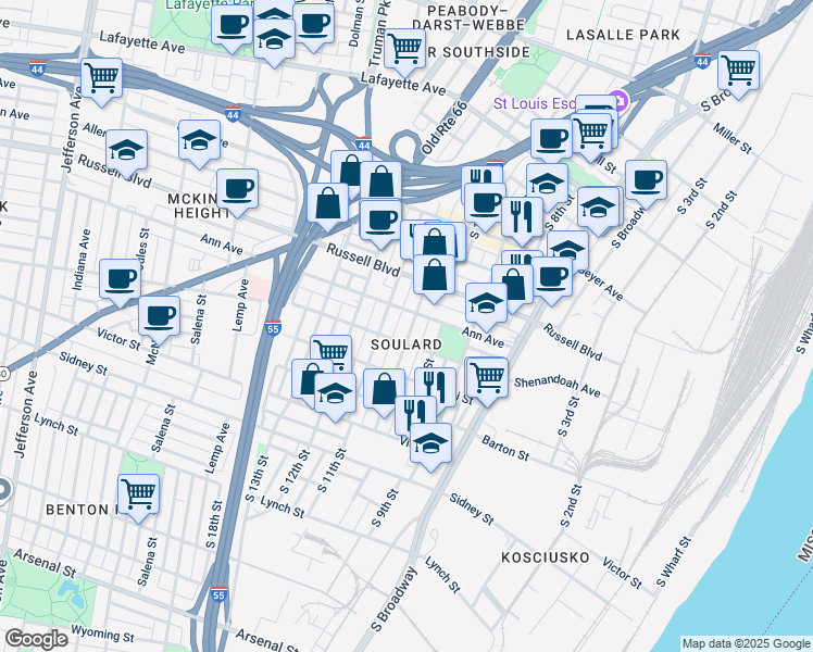 map of restaurants, bars, coffee shops, grocery stores, and more near in St. Louis