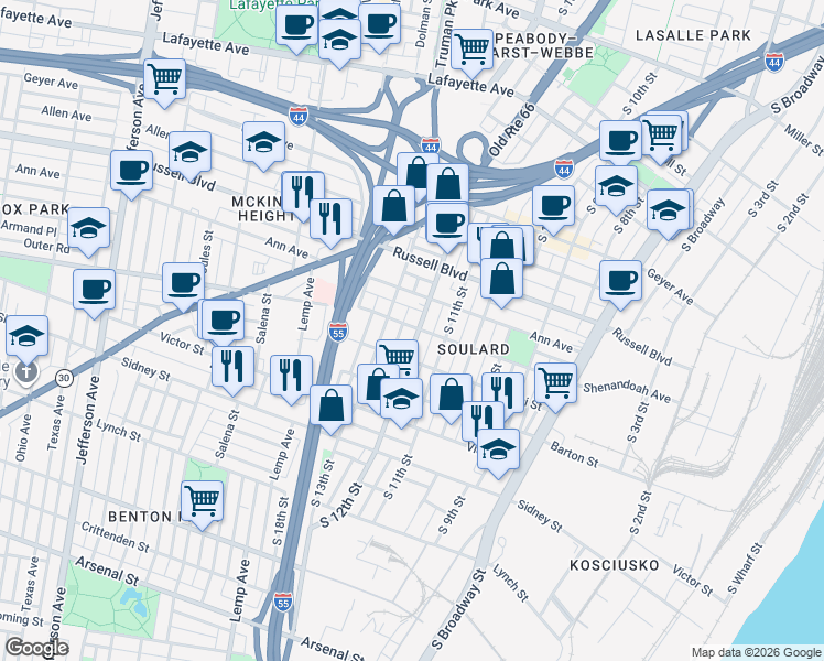 map of restaurants, bars, coffee shops, grocery stores, and more near 1217R Lami Street in St. Louis