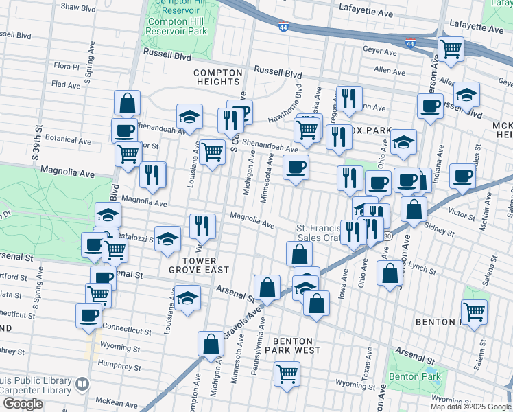 map of restaurants, bars, coffee shops, grocery stores, and more near 2651 Minnesota Avenue in St. Louis