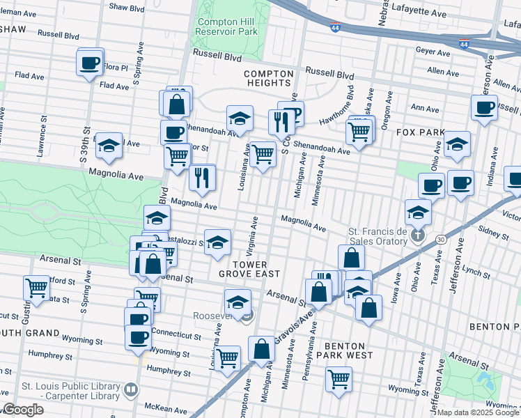 map of restaurants, bars, coffee shops, grocery stores, and more near 3224 Magnolia Avenue in St. Louis