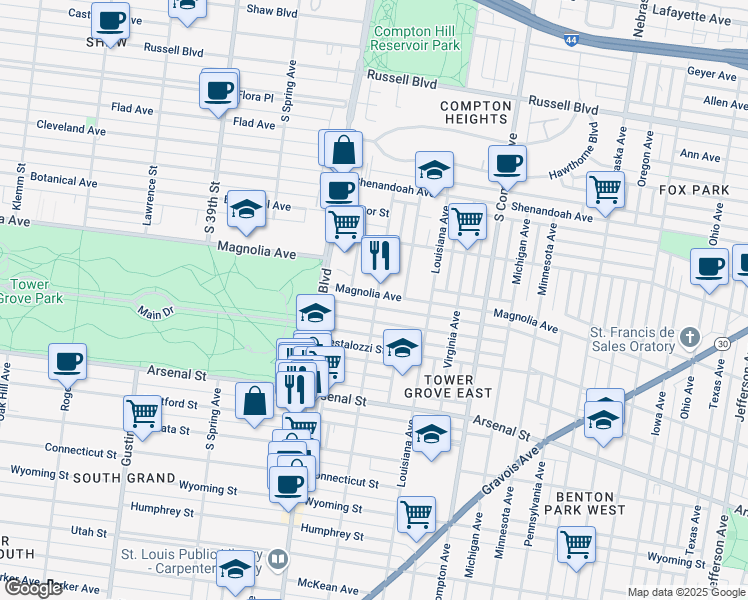 map of restaurants, bars, coffee shops, grocery stores, and more near 3517 Halliday Avenue in St. Louis
