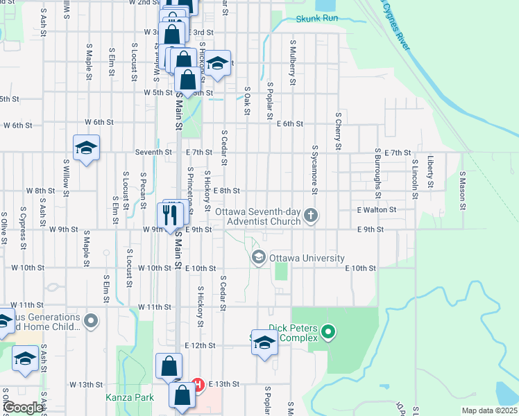 map of restaurants, bars, coffee shops, grocery stores, and more near 830 South Poplar Street in Ottawa