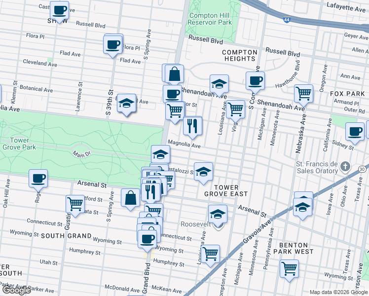 map of restaurants, bars, coffee shops, grocery stores, and more near 3512 Magnolia Avenue in St. Louis