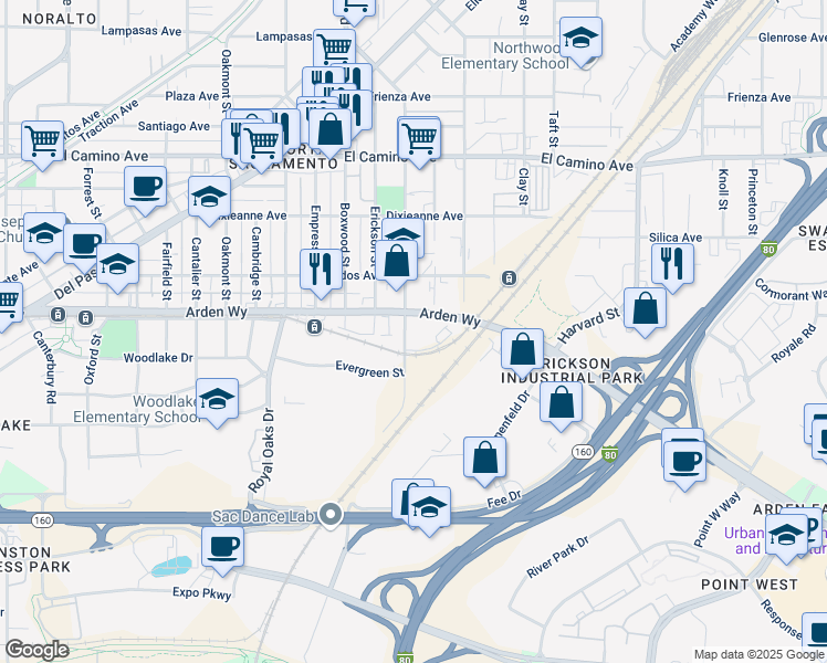 map of restaurants, bars, coffee shops, grocery stores, and more near 1000 Arden Way in Sacramento