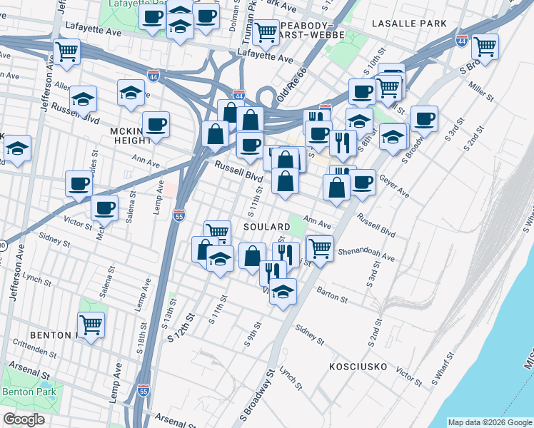 map of restaurants, bars, coffee shops, grocery stores, and more near in St. Louis