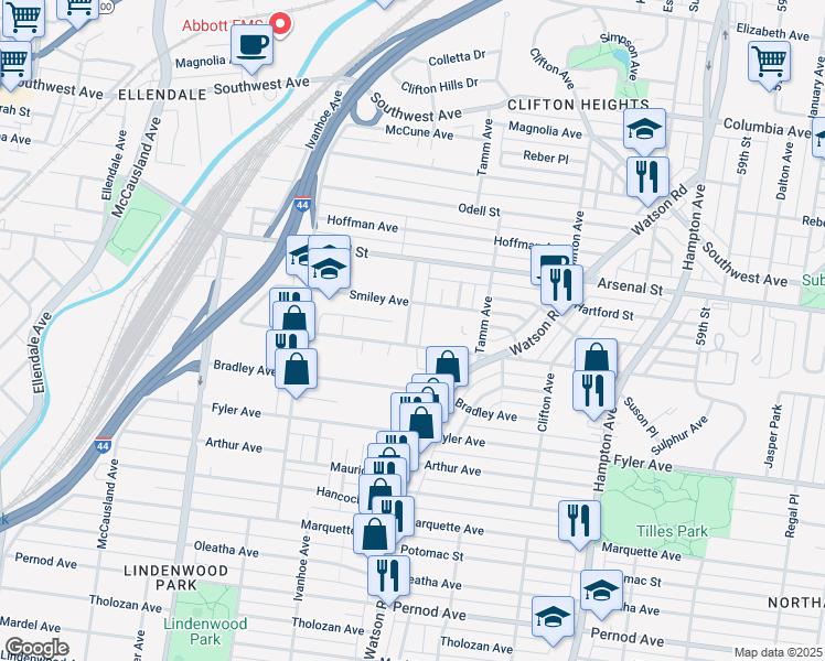 map of restaurants, bars, coffee shops, grocery stores, and more near 3176 Leola Avenue in St. Louis
