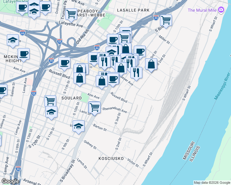 map of restaurants, bars, coffee shops, grocery stores, and more near 400 Russell Blvd in St Louis