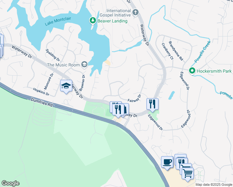 map of restaurants, bars, coffee shops, grocery stores, and more near 16035 Fairway Drive in Montclair