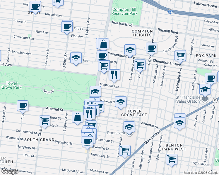 map of restaurants, bars, coffee shops, grocery stores, and more near 3512 Magnolia Avenue in St. Louis
