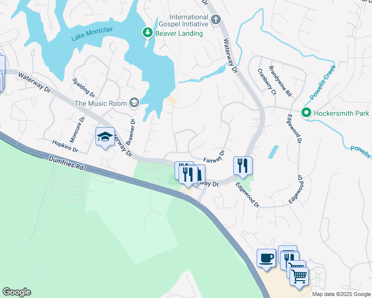 map of restaurants, bars, coffee shops, grocery stores, and more near 16035 Fairway Drive in Montclair
