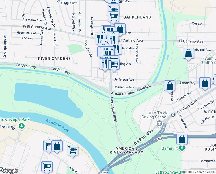 map of restaurants, bars, coffee shops, grocery stores, and more near 285 Arden Garden Connector in Sacramento