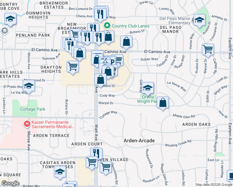 map of restaurants, bars, coffee shops, grocery stores, and more near 3548 Cody Way in Sacramento