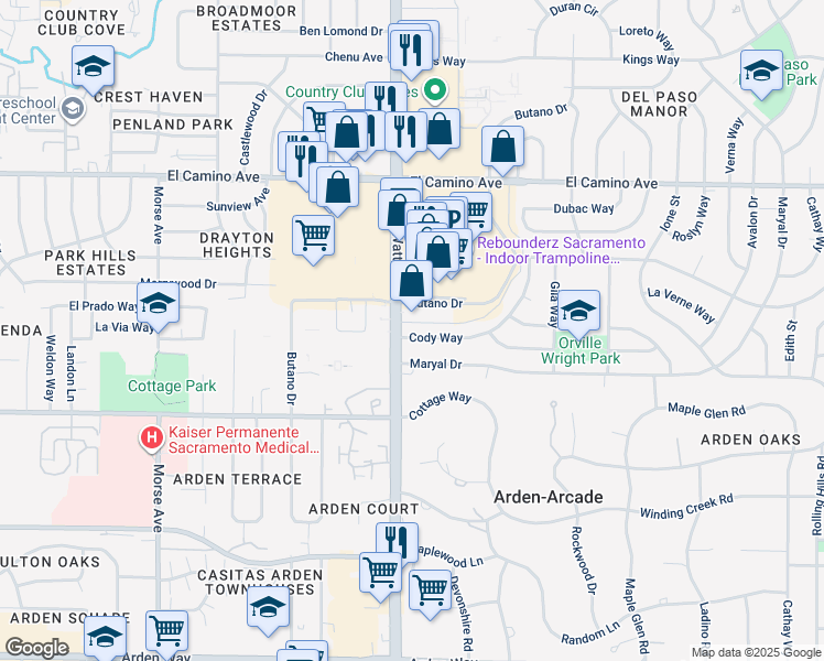 map of restaurants, bars, coffee shops, grocery stores, and more near 2220 Watt Avenue in Sacramento