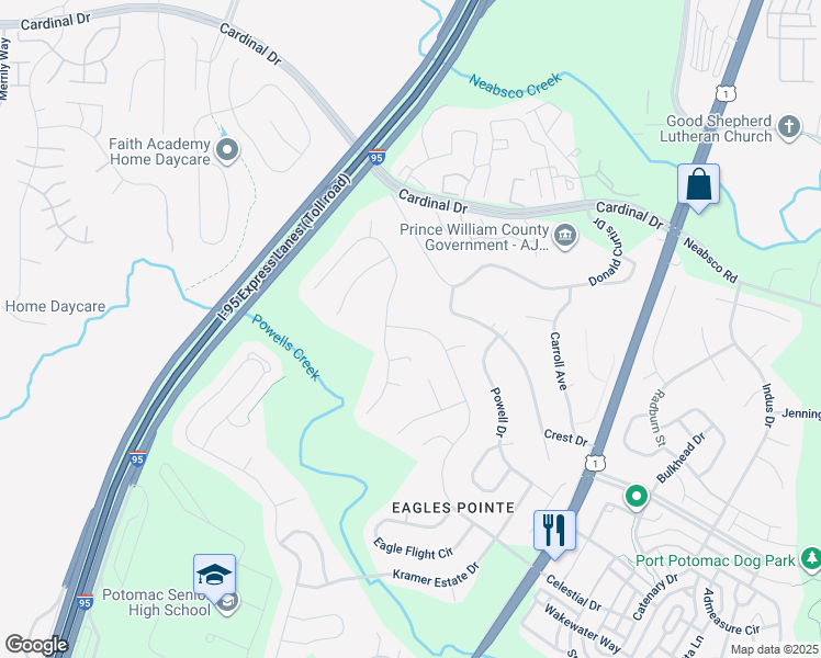 map of restaurants, bars, coffee shops, grocery stores, and more near 3083 American Eagle Boulevard in Woodbridge