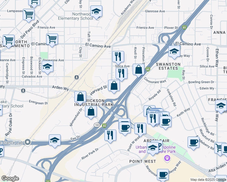 map of restaurants, bars, coffee shops, grocery stores, and more near Capital City Freeway in Sacramento