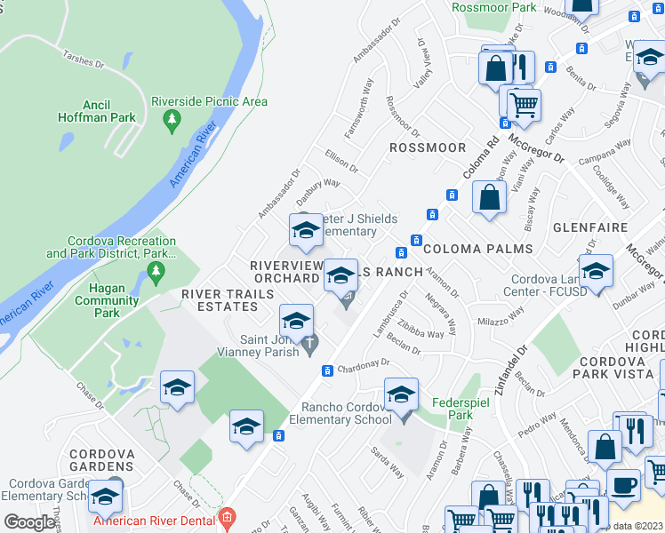 map of restaurants, bars, coffee shops, grocery stores, and more near 10449 Wood Bridge Way in Rancho Cordova