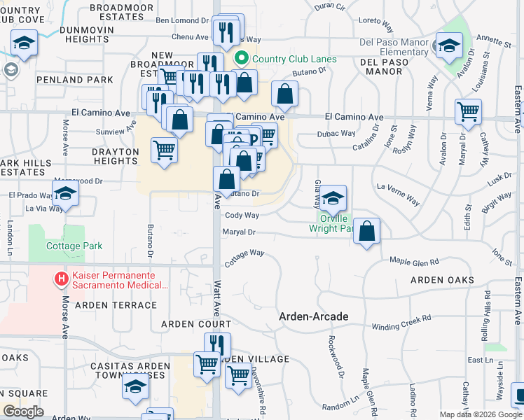 map of restaurants, bars, coffee shops, grocery stores, and more near 3548 Cody Way in Sacramento