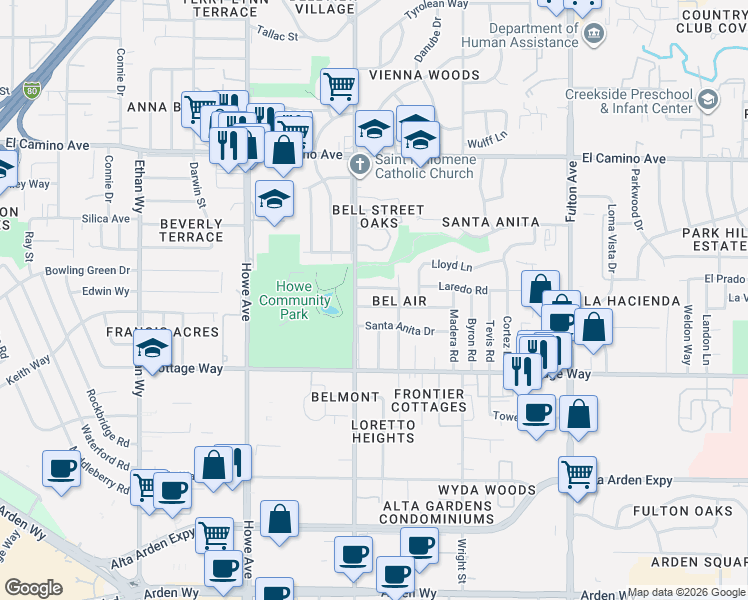 map of restaurants, bars, coffee shops, grocery stores, and more near 2304 Lansing Way in Sacramento