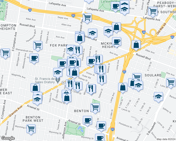 map of restaurants, bars, coffee shops, grocery stores, and more near 2200 Victor Street in St. Louis