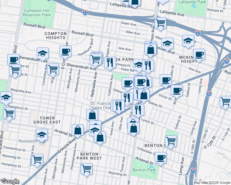 map of restaurants, bars, coffee shops, grocery stores, and more near 2617 Iowa Avenue in St. Louis