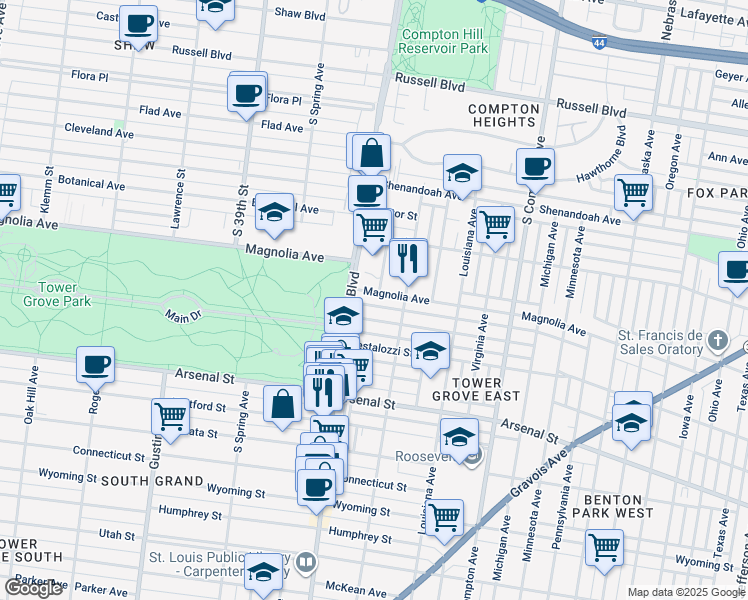 map of restaurants, bars, coffee shops, grocery stores, and more near 3517 Halliday Avenue in St. Louis