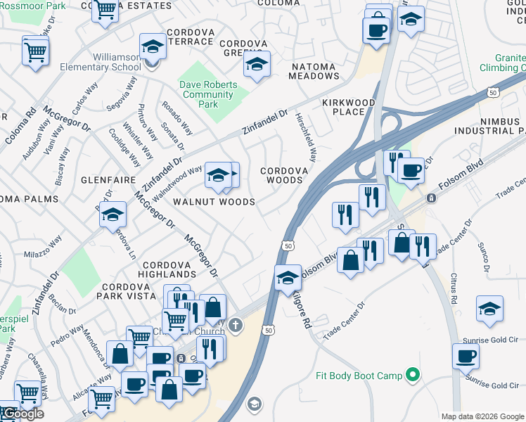 map of restaurants, bars, coffee shops, grocery stores, and more near 2512 Berrywood Drive in Rancho Cordova