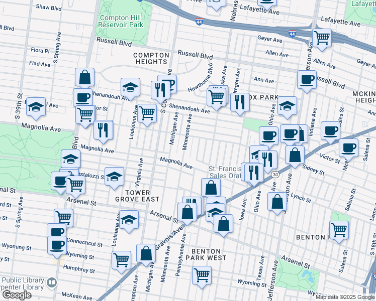 map of restaurants, bars, coffee shops, grocery stores, and more near 2651 Minnesota Avenue in St. Louis
